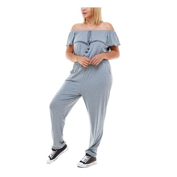 PLANET GOLD PLUS Womens Tie Crochet Trim Short Sleeve Straight leg Jumpsuit - Picture 3 of 4